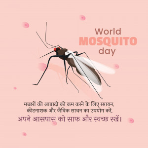 Illustration of a mosquito with text promoting World Mosquito Day and mosquito control.