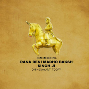 Golden statue of a warrior on horseback with text commemorating Rana Beni Madho Singh Ji