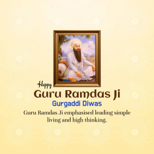 Portrait of Guru Ramdas Ji with text 'Happy Guru Ramdas Ji Gurpurb'
