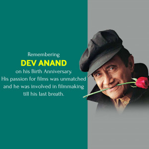 Black and white portrait of Dev Anand with a red rose, commemorating his birth anniversary.