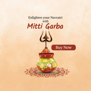 Image of a traditional clay Garba pot with a trident on top and a 'Buy Now' button, promoting Mitti Garba for Navratri.