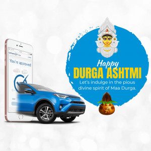 CarLoanFinance wishes Happy Durga Ashtmi with a promotional image featuring a car and smartphone.