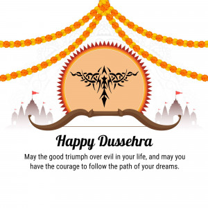 Dussehra greeting with a bow and arrow and temple background