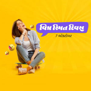 Woman laughing on a skateboard with World Smile Day text