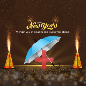 New Year Wishes With Umbrella And Fireworks Graphic For LinkedIn