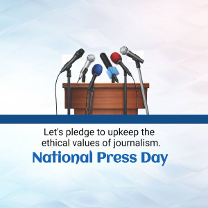 Microphones on a podium with text 'Let's pledge to upkeep the ethical values of journalism. National Press Day'