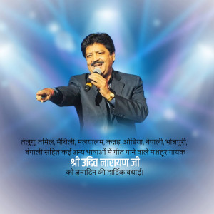 Portrait of singer Udit Narayan with text in multiple Indian languages