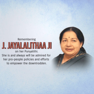 Portrait of J. Jayalalithaa with text commemorating her Punyathithi