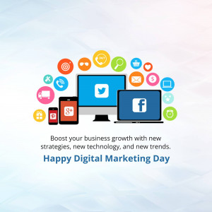 Digital marketing icons with a laptop, smartphone, and tablet displaying social media logos.