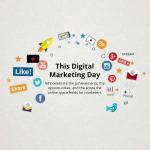 Illustration depicting various social media icons and marketing elements celebrating Digital Marketing Day.