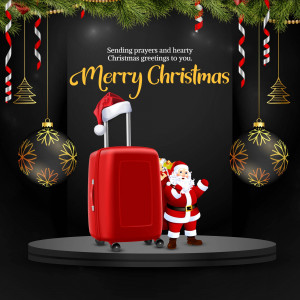 Christmas greeting with Santa Claus and a red suitcase