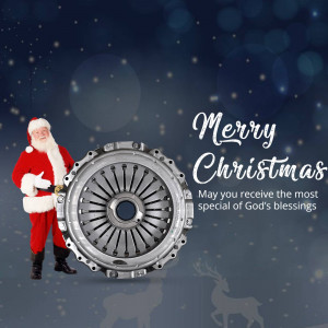 Santa Claus with a car clutch disc and Christmas greetings.