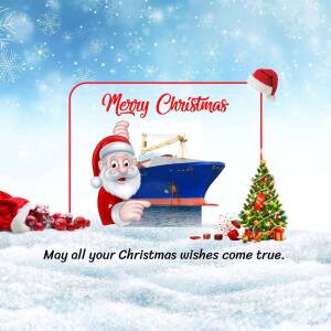 Santa Claus pointing towards a cargo ship with a Christmas tree and festive decorations.