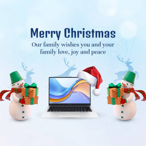 Christmas greeting with snowmen, gifts, and a laptop