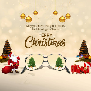 Christmas greeting card with Santa, gifts, and eyeglasses reflecting Christmas trees.