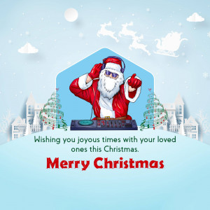 Santa Claus DJing with a Christmas village background and text 'Merry Christmas'