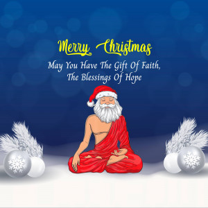 Santa Claus meditating in the lotus position with a Christmas message.