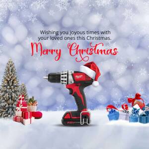 Milwaukee drill with a Santa hat surrounded by Christmas gifts and decorations.