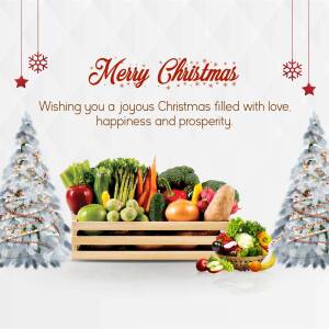 Christmas greeting with a basket of fresh vegetables and fruits