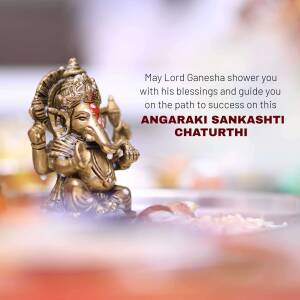 Golden Ganesha idol with festive text overlay