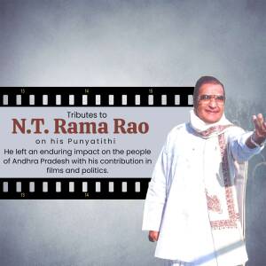 Portrait of N.T. Rama Rao with a film strip border and tribute text.