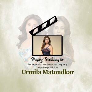 Birthday greeting for Urmila Matondkar with her image and a clapperboard.