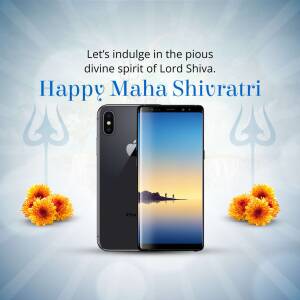 Maha Shivaratri greeting with a smartphone displaying a scenic image.
