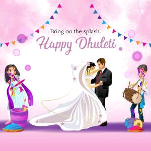 Illustration of a couple dancing with people celebrating Dhuleti with colors and music.