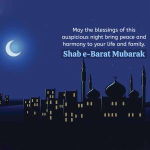 Shab-e-Barat Mubarak image with a crescent moon, mosque silhouette, and city skyline.