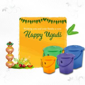 Ugadi festival greeting with traditional elements and colorful buckets