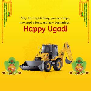 Ugadi greeting with a backhoe loader and festive decorations