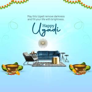 Ugadi greeting with a modern living room scene and traditional elements.