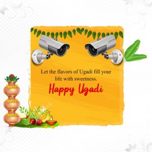 Ugadi greeting with security cameras and traditional elements