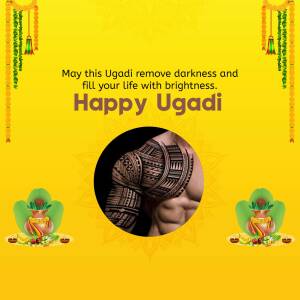 Ugadi festival greeting with traditional decorations and henna design