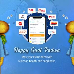 Image depicting a mobile phone displaying a recharge platform with logos of various telecom and DTH providers, with festive decorations for Gudi Padwa.