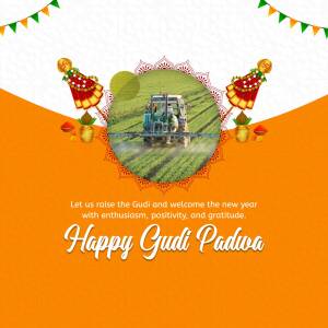 Gudi Padwa festive greeting with a tractor in a field and traditional decorations.