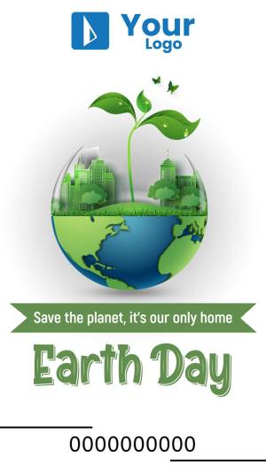 Earth Day graphic with a globe, plants, and city skyline