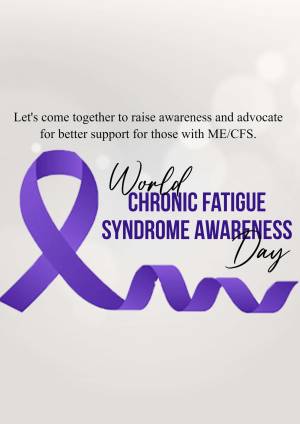 Purple ribbon with text promoting awareness for ME/CFS