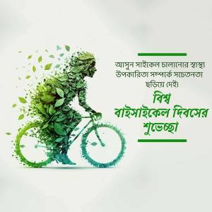Silhouette of a cyclist formed by leaves and plants, promoting World Bicycle Day.