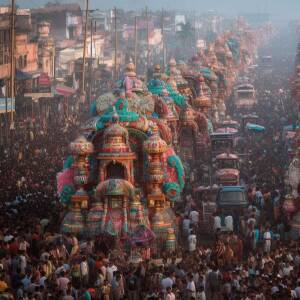 Aerial view of a colorful religious procession along the ghats of Varanasi, India, with a large crowd of people.