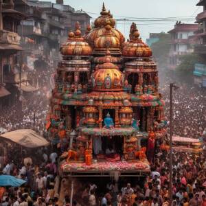 A large, ornate chariot carrying deities during the Rath Yatra festival, surrounded by a massive crowd of devotees.