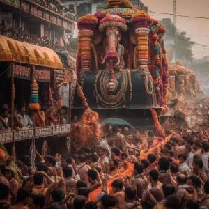 A vibrant and crowded procession of a large Ganesh idol on a chariot during Ganesh Chaturthi.