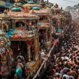 A vibrant and crowded scene of a Hindu temple chariot procession.