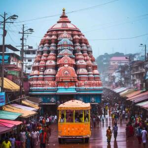 Front view of the Jagannath Temple in Puri, India, with a bustling street scene and a yellow vehicle in the foreground.