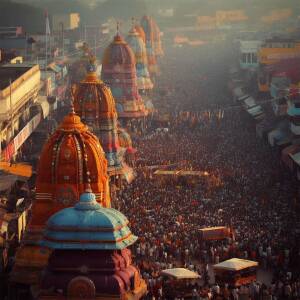 Aerial view of crowded ghats and temples in Varanasi, India