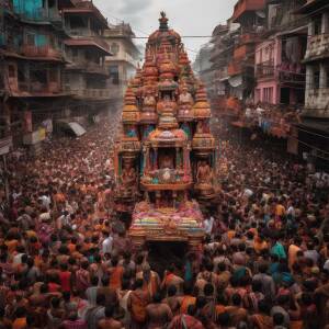 A vibrant and crowded scene of the Rath Yatra festival procession in Varanasi, India.