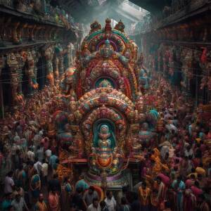 A vibrant and crowded scene of a Hindu temple chariot procession with a richly decorated chariot and a large gathering of devotees.
