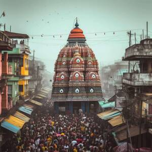 A vibrant and crowded street scene in Varanasi, India, featuring a multi-tiered temple.
