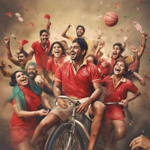 A group of people celebrating with a basketball and a bicycle in the foreground.