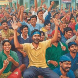 A vibrant crowd of people celebrating with raised arms and joyful expressions.